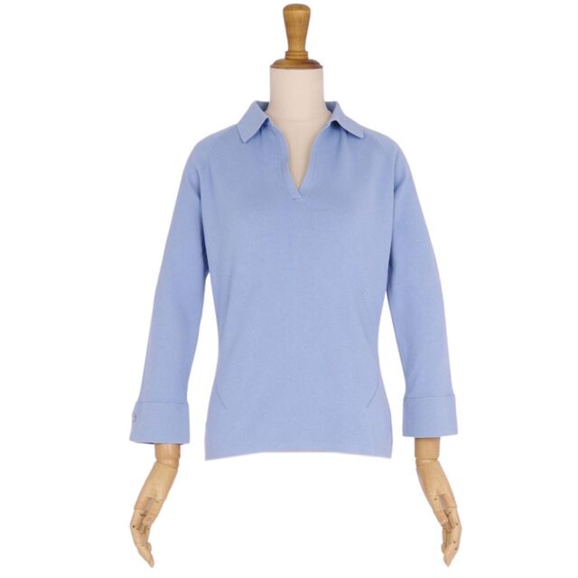 美品 ロロピアーナ Loro Piana ニット セーター オープンカラー コットン トップス レディース イタリア製 44(XL相当) ブルー