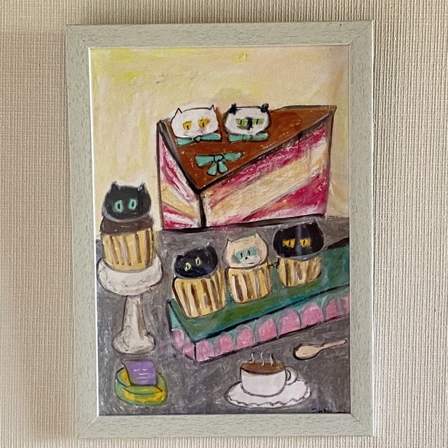 絵画。壁掛け原画【Cute cat cake】0 1 【一部予約販売中】 www 