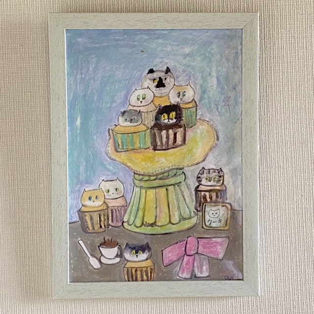 手描き絵画。壁掛け原画【Cute cat cake】0 2