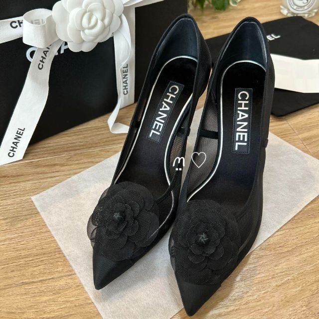 CHANEL シャネル メッシュパンプス 36 カメリア ココマーク ヒール-