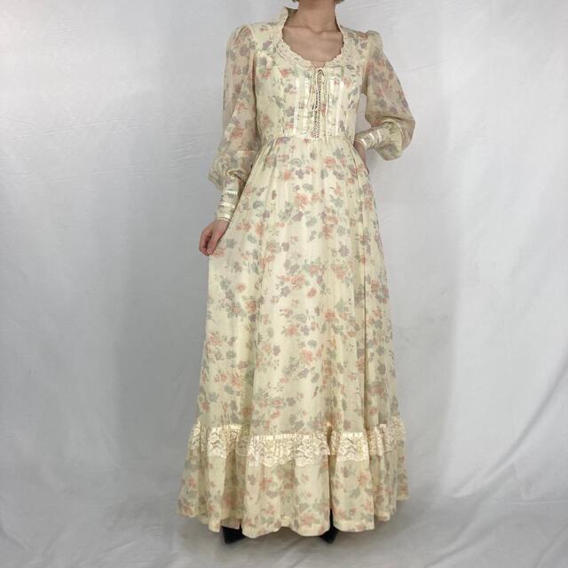 ガンネサックス GUNNE SAX Jessica 総柄 花柄 袖シースルー マキシ丈 長袖 ワンピース レディースM ヴィンテージ /eaa324197不明年代