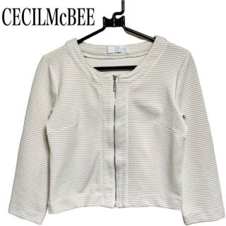 セシルマクビー(CECIL McBEE)のセシルマクビー　ノーカラージャケット　ボーダー　ベージュ×ホワイト　七分袖(ノーカラージャケット)