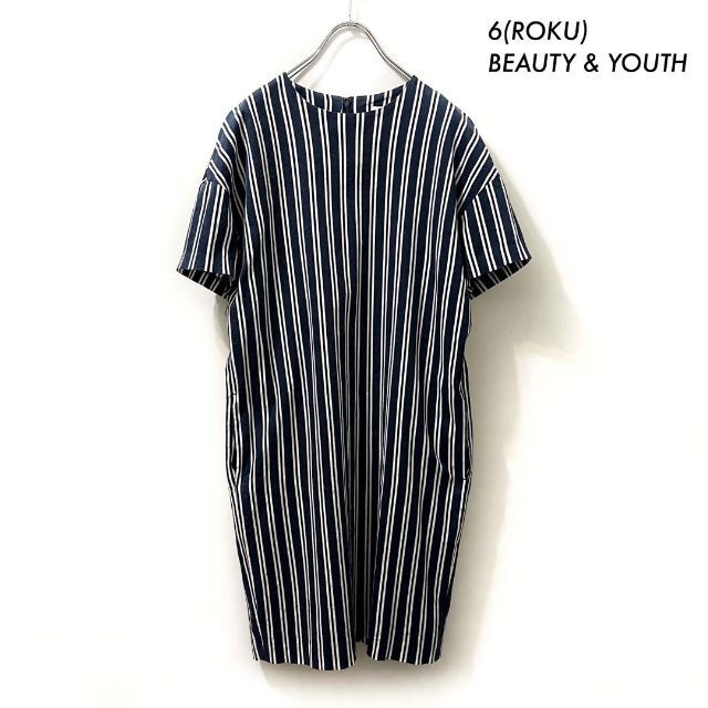 6(ROKU) BEAUTY & YOUTH★ストライプ柄 半袖Tシャツ ネイビ