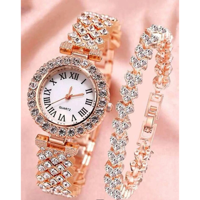 腕時計 レディース 人気 海外 キラキラ ピンクローズ ゴールド ブレスレット付 レディースのファッション小物(腕時計)の商品写真
