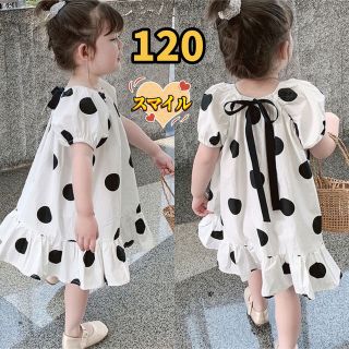 キッズワンピース　ドット　リボン　ふんわり　女の子夏物服120(ワンピース)