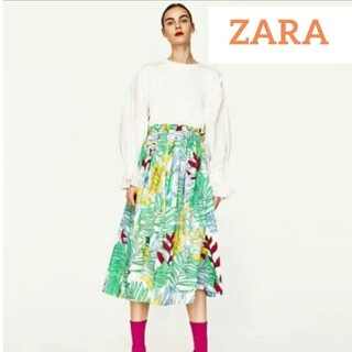 ザラ(ZARA)のZARA ザラ ボタニカル柄スカート フレアスカート L  美品(ひざ丈スカート)