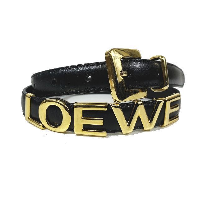 ロエベ LOEWE ヴィンテージ レザー ベルト ロゴ ゴールド金具 黒