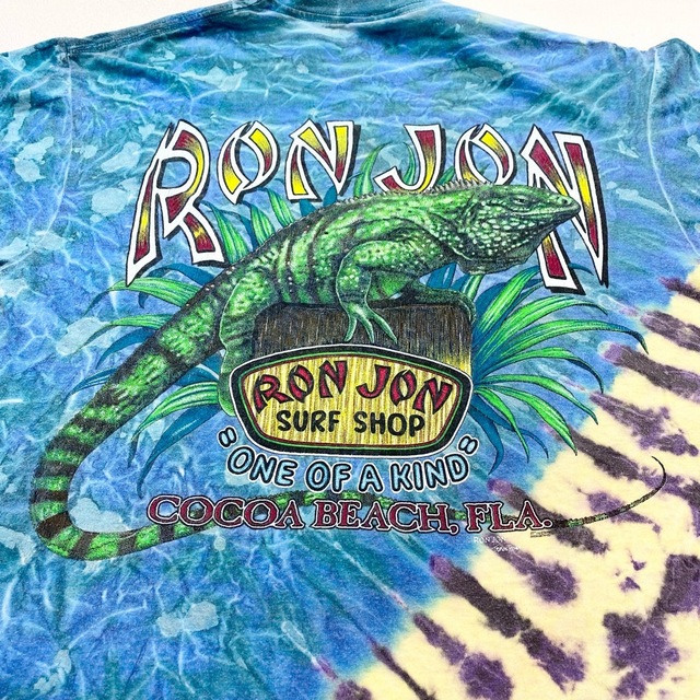 90's US古着 ロンジョン RON JON タイダイ柄 Tシャツ 半袖 総柄 アニマルプリント イグアナ サイズ：メンズ M ブルー×イエロー系【中古】 メンズのトップス(Tシャツ/カットソー(半袖/袖なし))の商品写真