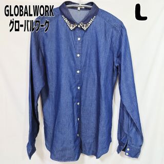 グローバルワーク(GLOBAL WORK)のグローバルワーク GLOBALWORK 白襟ストライプブラウス ブルー L(シャツ/ブラウス(長袖/七分))