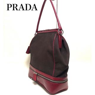 プラダ(PRADA)のPRADA プラダ キャンパスレザー がま口 ハンドバッグ ブラウン/レッド(ハンドバッグ)