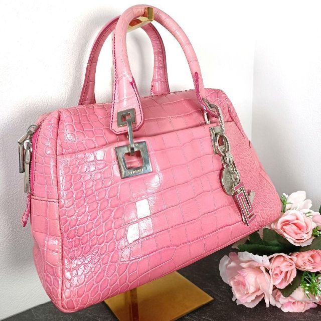 美品】 VERSACE ヴェルサーチ ハンドバッグ クロコ型押し チャーム