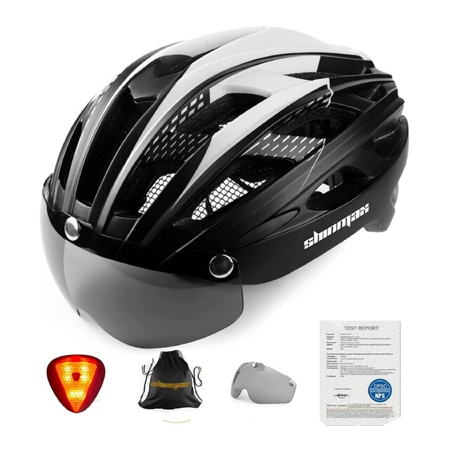 自転車 ヘルメット大人LEDライト磁気ゴーグル付ロードバイクヘルメット認定済み10歳以上推奨頭囲
