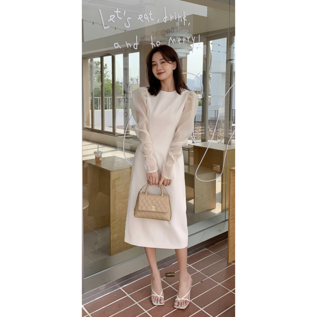 新品　未使用　即納　SHEER PUFF SLEEVE DRESS アイボリー