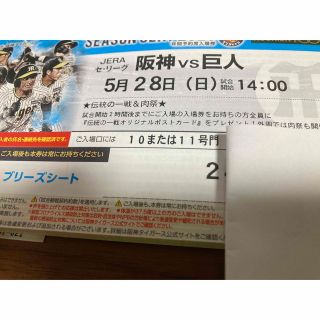 ハンシンタイガース(阪神タイガース)の阪神：5/28(日）阪神-巨人　ブリーズシート通路横ペア(野球)