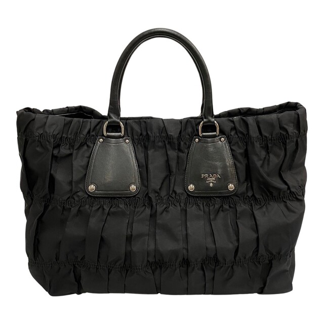 極 美品 カード付 PRADA プラダ ロゴ 金具 ギャザー ナイロン レザー