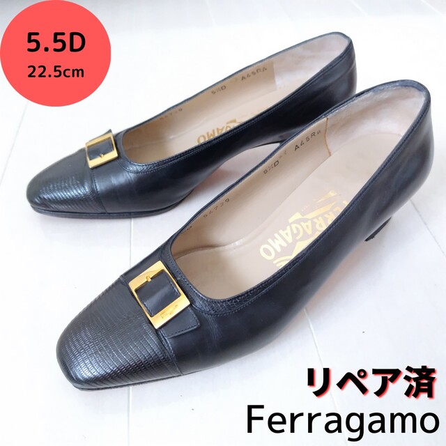 5ハーフDヒールフェラガモ【Ferragamo】ロゴ コンビ パンプス 黒 22.5㎝