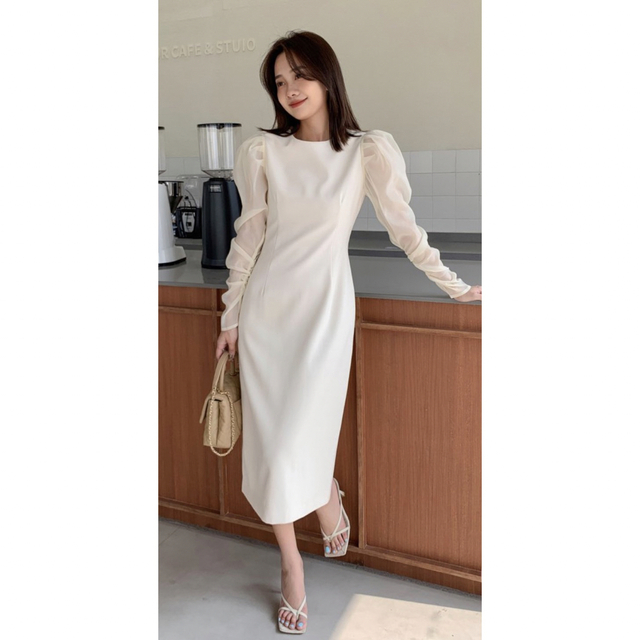 新品　未使用　即納　SHEER PUFF SLEEVE DRESS アイボリー 4