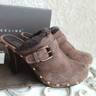 CELINE☆レザー ムートン スタッズ ウッド ミュール サンダル23相当