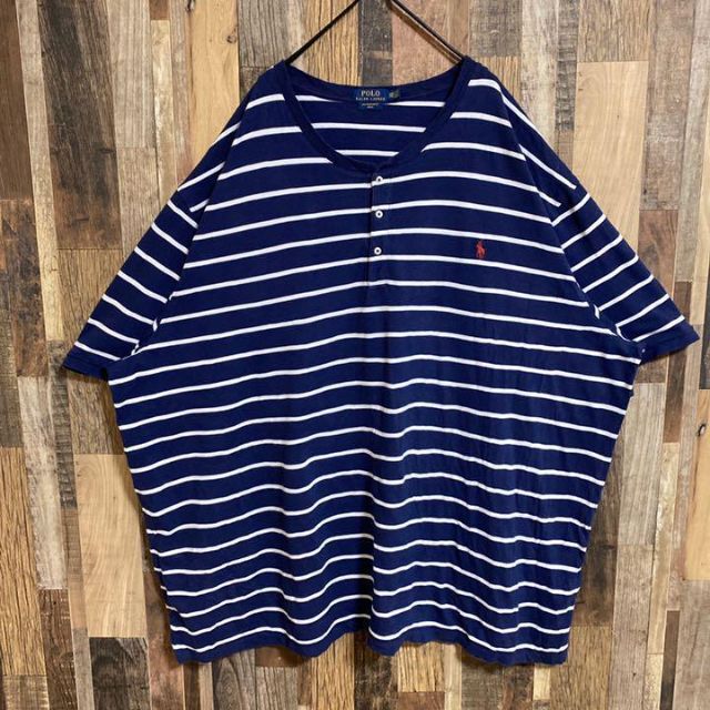 POLO RALPH LAUREN(ポロラルフローレン)のラルフローレン ヘンリーネック Tシャツ ボーダー ロゴ 6XL USA古着 メンズのトップス(Tシャツ/カットソー(半袖/袖なし))の商品写真