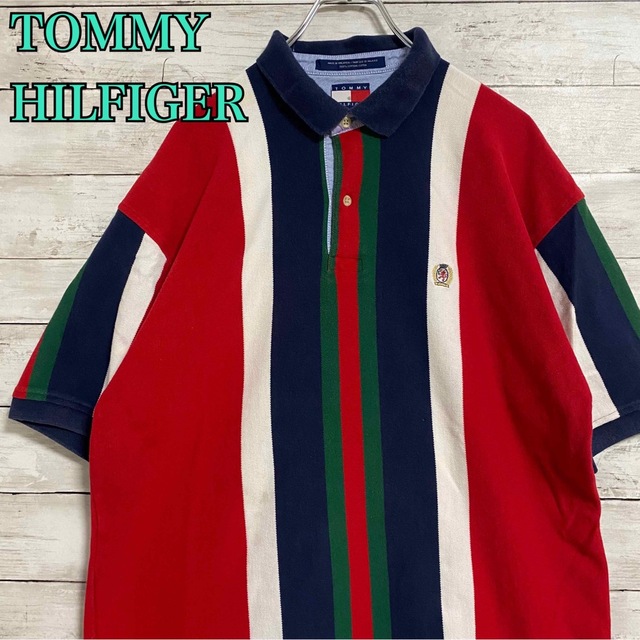 TOMMY HILFIGER(トミーヒルフィガー)の【希少デザイン】トミーヒルフィガー　ポロシャツ　Lサイズ　マルチカラー　一点物 メンズのトップス(ポロシャツ)の商品写真