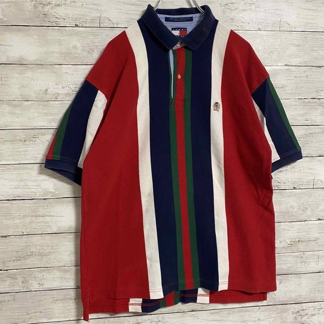 TOMMY HILFIGER(トミーヒルフィガー)の【希少デザイン】トミーヒルフィガー　ポロシャツ　Lサイズ　マルチカラー　一点物 メンズのトップス(ポロシャツ)の商品写真