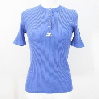 クレージュ(Courreges)のcourreges 半袖 カーディガン 0 青系 ブルー ボタン リブ ロゴ (ニット/セーター)