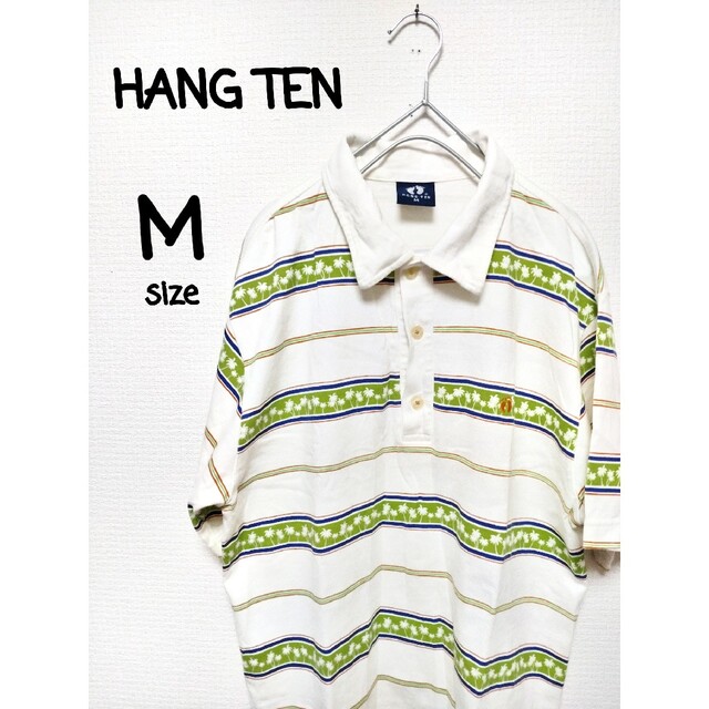 HANG TEN(ハンテン)のハンテン　ポロシャツ　ストライプ　半袖　ヤシの木柄　ボーダー　M　古着 メンズのトップス(ポロシャツ)の商品写真