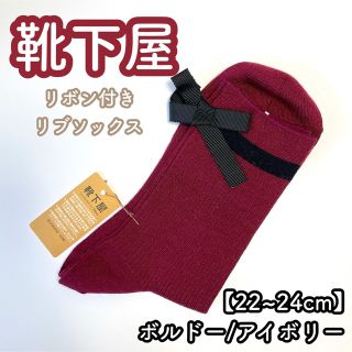 クツシタヤ(靴下屋)の靴下屋 リボン付きリブソックス ボルドー ホワイト【22~24cm】(ソックス)