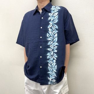 US ノーティカ NAUTICA アロハ シャツ リネン×レーヨン 半袖 植物柄 サイズ：メンズ XL ビッグサイズ ネイビー