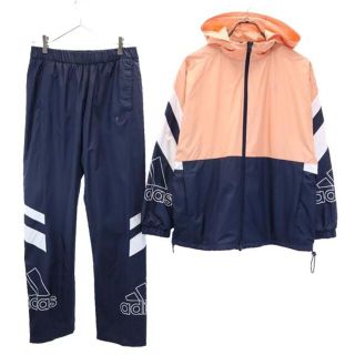 アディダス(adidas)のアディダス ウインドブレーカー 上下 セットアップ L 紺×薄橙×白 adidas ジップ パーカー ロング パンツ 裏起毛 メンズ 【中古】  【230416】(その他)