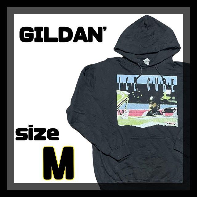 【美品】GILDAN　黒　パーカー　ICE CUBE　プリント　サイズM　90s