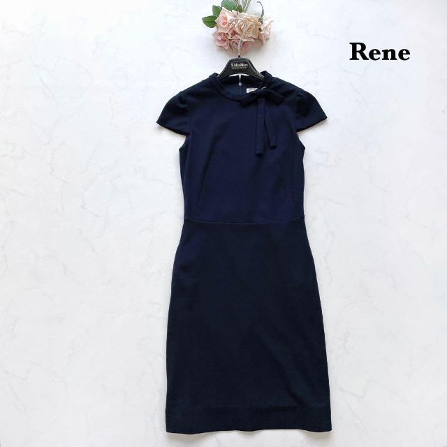 【美品】Rene　ひざ丈ワンピース　リボンブローチ　半袖　セレモニー　36