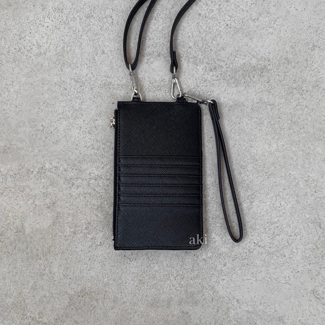 ブラック 黒 マルチ ミニ ポシェット ウォレット シンプル 無地 財布 お洒落 レディースのファッション小物(財布)の商品写真