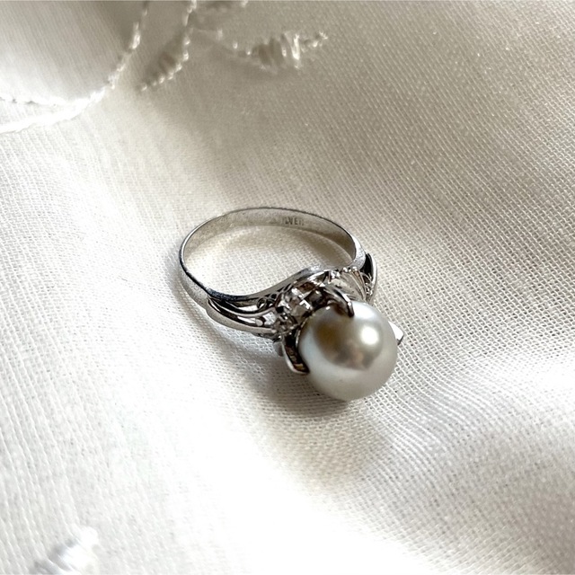 ヴィンテージリング 大粒 本真珠 パール シルバー ラインストーン アンティーク レディースのアクセサリー(リング(指輪))の商品写真