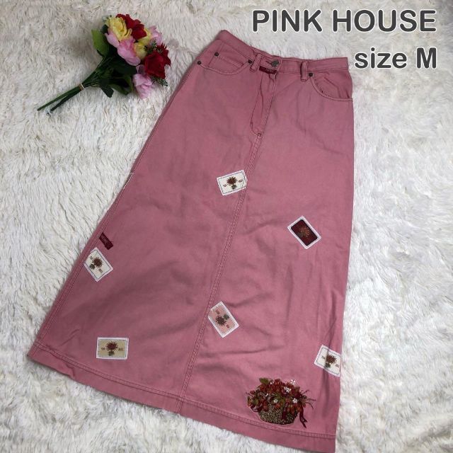 PINK HOUSE(ピンクハウス)のピンクハウス デニムワンピース ロング 刺繍 ワッペン ピンク M レディースのスカート(ロングスカート)の商品写真