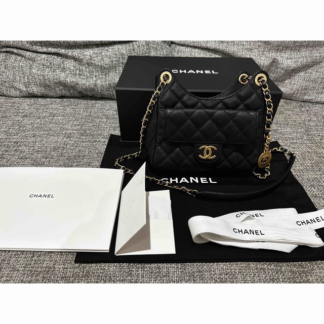 CHANEL☆スモールホーボーバッグ 美品 ブラック キャビアスキン