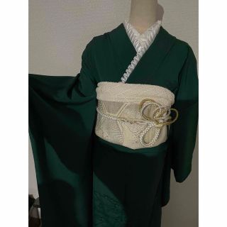 完売致しました 色無地 スワトウ刺繍 緑/オフホワイト 振袖5点セット成人式