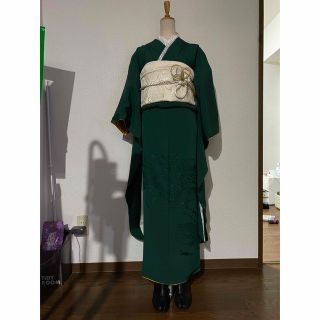 完売致しました 色無地 スワトウ刺繍 緑/オフホワイト 振袖5点セット成人式
