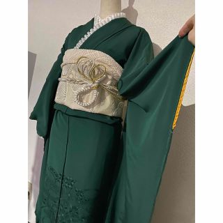 完売致しました 色無地 スワトウ刺繍 緑/オフホワイト 振袖5点セット成人式