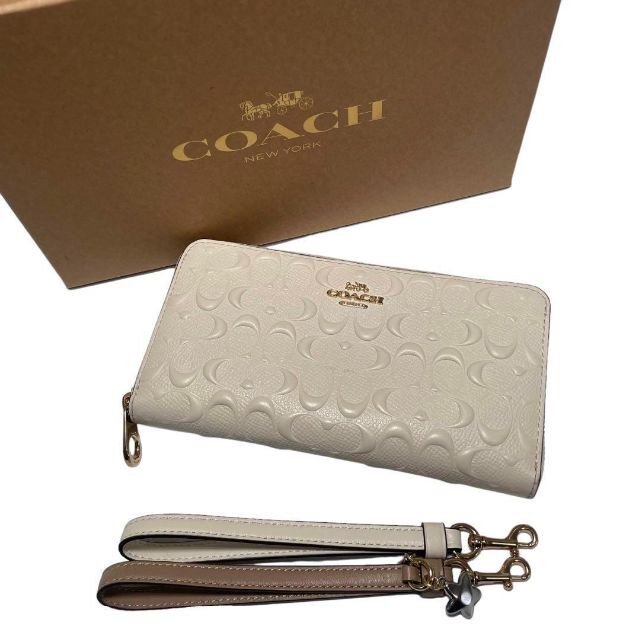 COACH【希少 新品】コーチ 長財布 白 レザー エンボス ストラップ付き