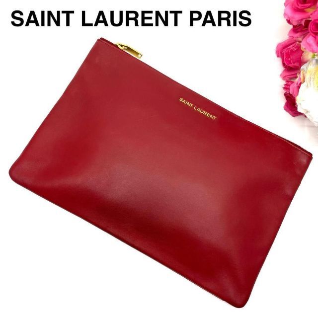 美品☆SAINT LAURENT PARIS クラッチバッグ レザー レッド 赤-