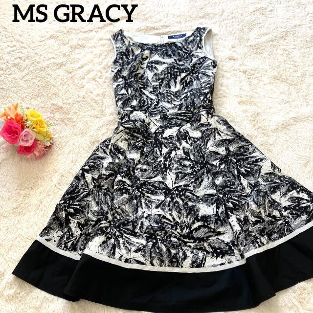 【極美品】M'S GRACY ワンピース　花柄　現行タグ　グログランリボン　38