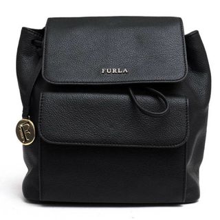 極美品 大容量 FURLA レザー リュック 黒 Fロゴ チャーム シボ革