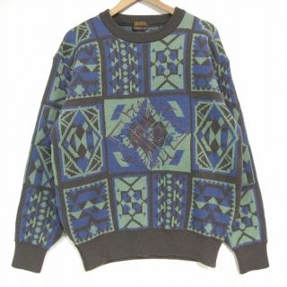 アラミス ニット セーター 長袖 総柄 刺繍 ウール 厚手 ブラウン系 L