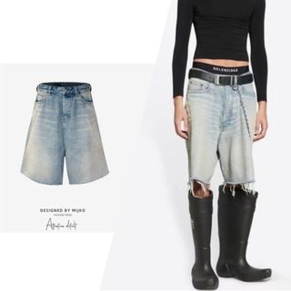 バレンシアガ(Balenciaga)のワイド　デニム　ダメージ　ハーフパンツ(デニム/ジーンズ)