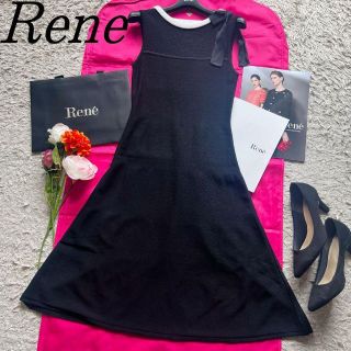 ルネ(René)の【美品】Rene 白襟ロングワンピース フレア リボン ブラック 32(ひざ丈ワンピース)