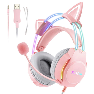 ゲーミングヘッドホン 猫耳ヘッドフォン マイク付き PC用ヘッドセット ピンク(ヘッドフォン/イヤフォン)