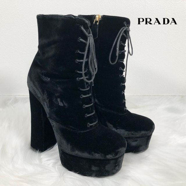 プラダ PRADA ベロア ブーツ レースアップ ハイヒール