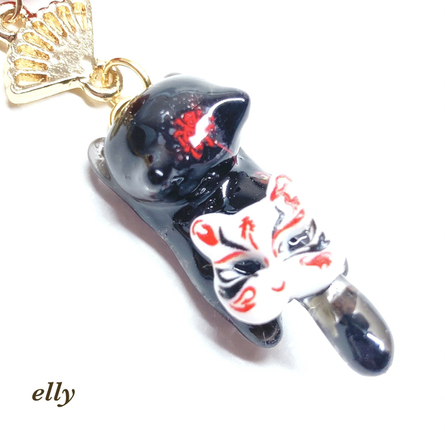 天然石　オブシディアン　琉球ガラス　ブラック　和柄　ジャンピング猫　キーホルダー 2