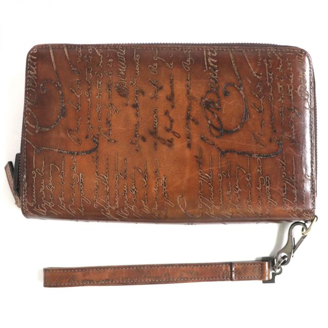 美品▼BERLUTI ベルルッティ カリグラフィ ストラップ付き ダブルジップ ベネチアンレザー オーガナイザー/財布 ブラウン 仏製 メンズ